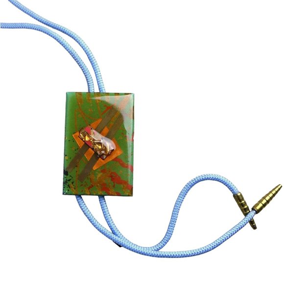 Abstract Green Bolo Tie OOAK Artist Signed Gold Collage Western Necklace - Picture 8 of 9